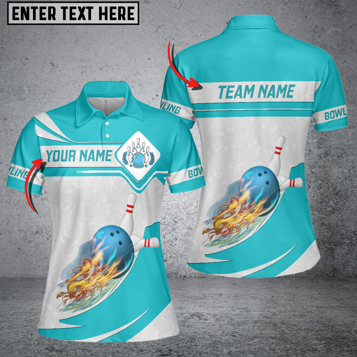 Frenzideas Cyan Bowling Ball Fire White Pins Pattern Premium Customized Name 3D Shirt For Women