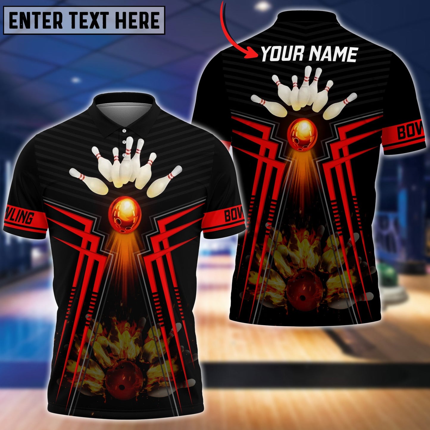 Frenzideas Red Bowling Ball And Pins Flame Premium Customized Name 3D Shirt