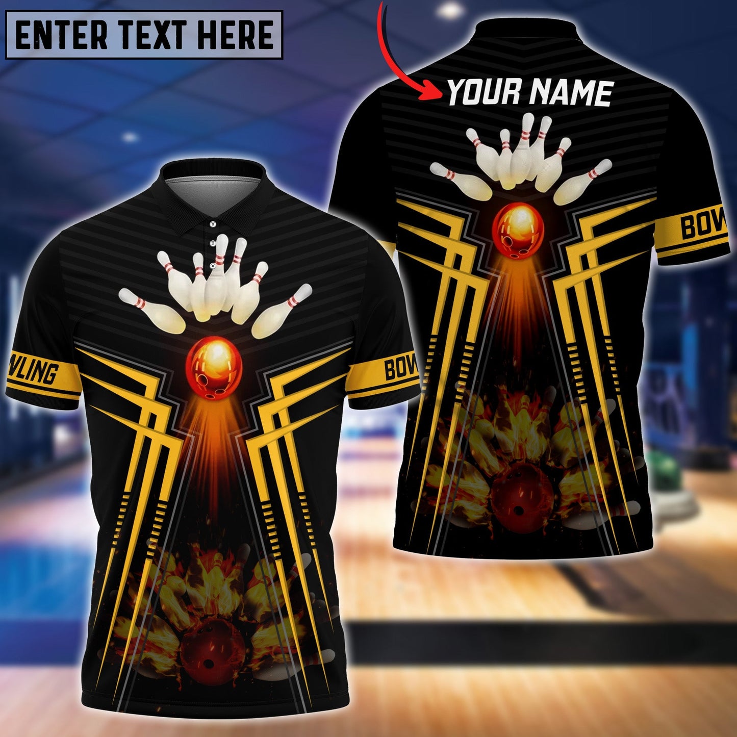 Frenzideas Yellow Bowling Ball And Pins Flame Premium Customized Name 3D Shirt