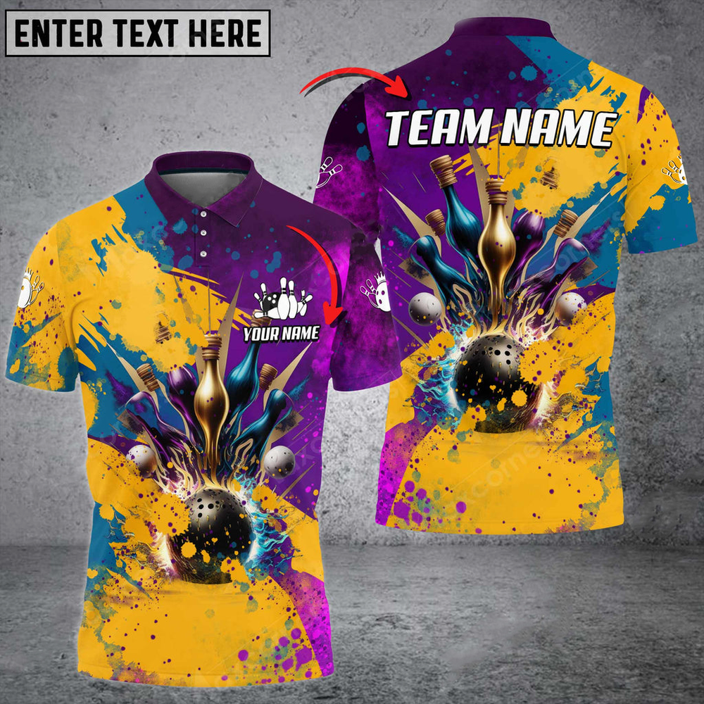 Frenzideas Bowling And Pins Water Color Pattern Customized Name, Team Name 3D Shirt