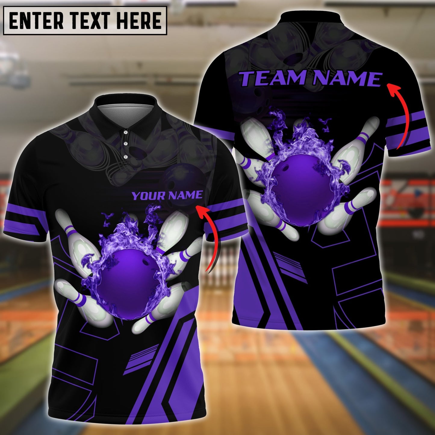 Frenzideas Purple Bowling Ball Flame Personalized Name All Over Printed Shirt