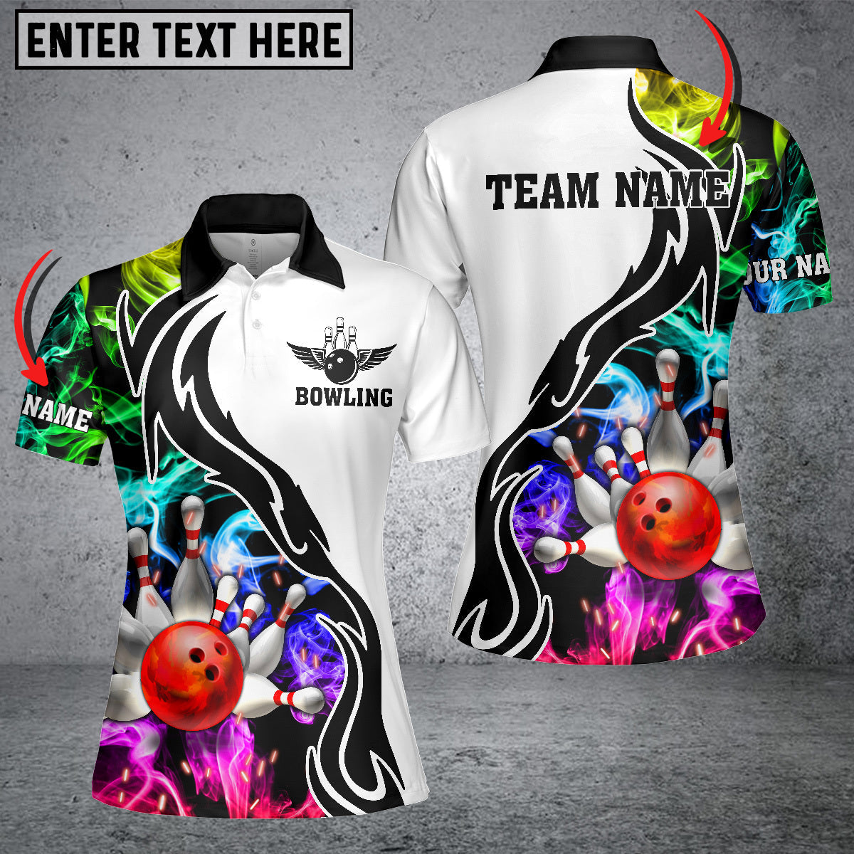 Frenzideas Bowling And Pins Multicoler Smoke Pattern Customized Name 3D Shirt For Women