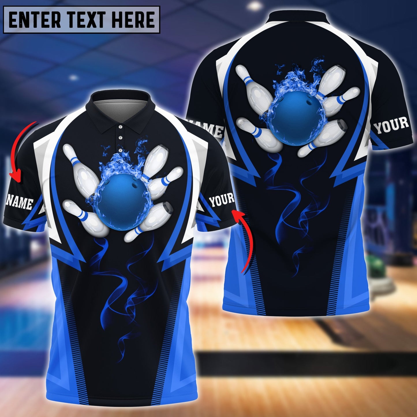 Frenzidea Blue Flame Bowling Ball Premium Customized Name 3D Shirt