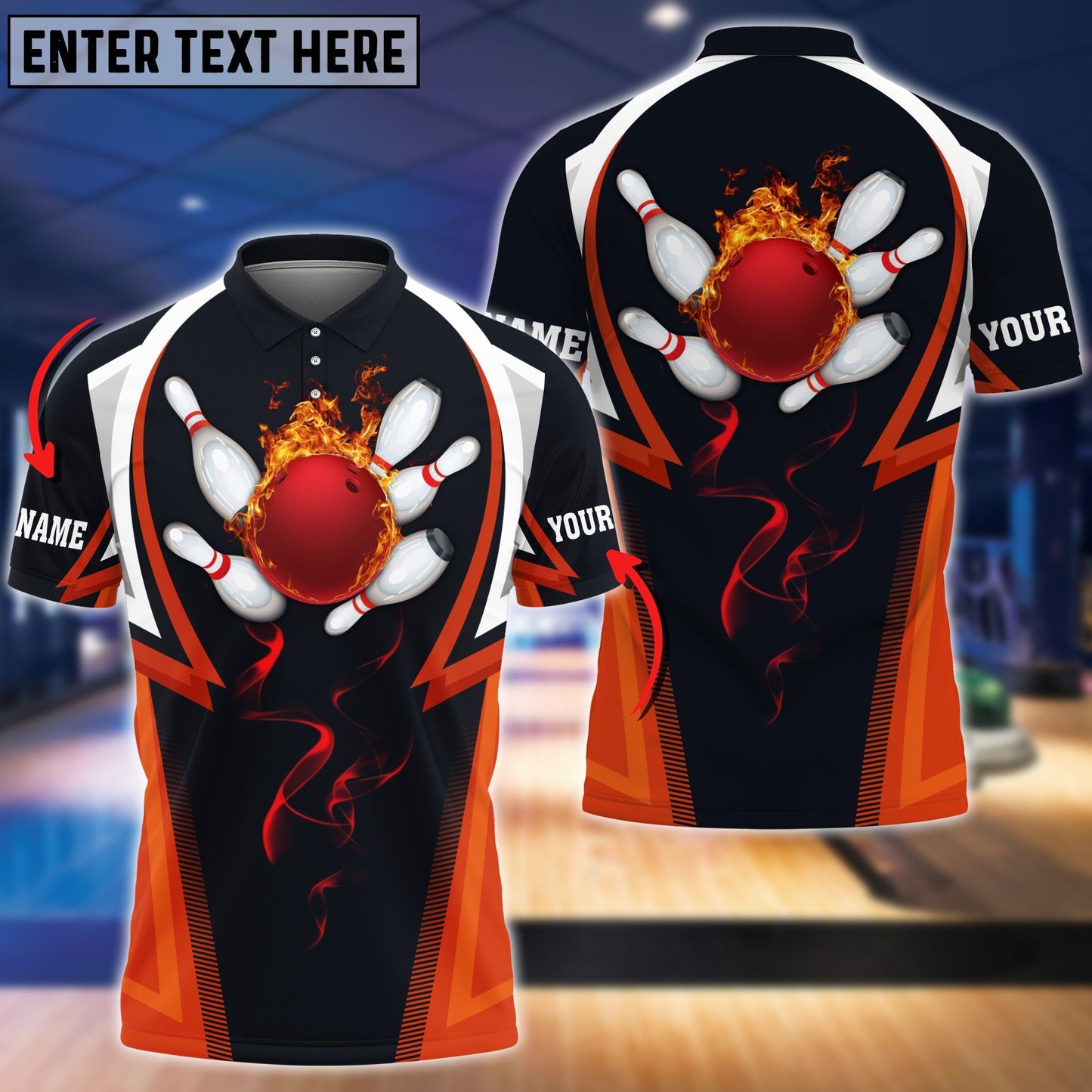 Frenzidea Orange Flame Bowling Ball Premium Customized Name 3D Shirt