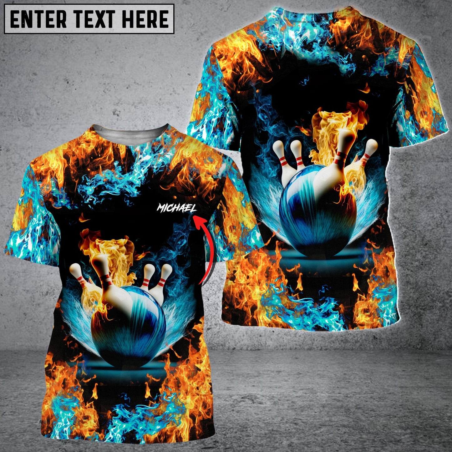 Frenzideas Blue Bowling Ball And Pins On Fire Customized Name 3D Shirt