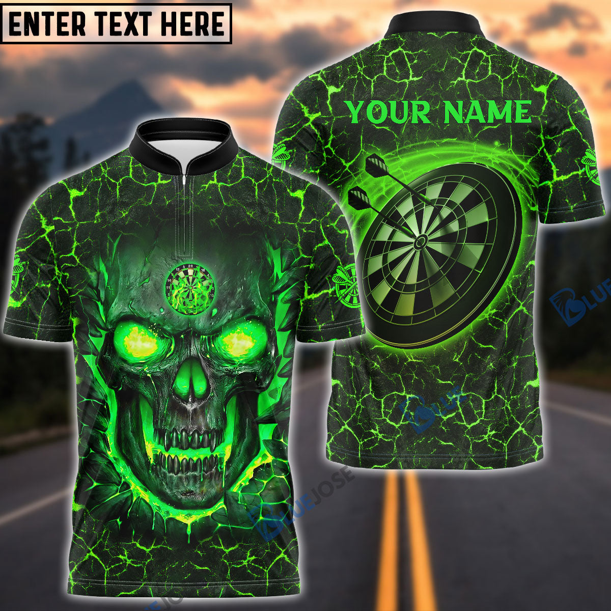 Frenzidea Flame Green Skull Darts Personalized Name 3D Shirt