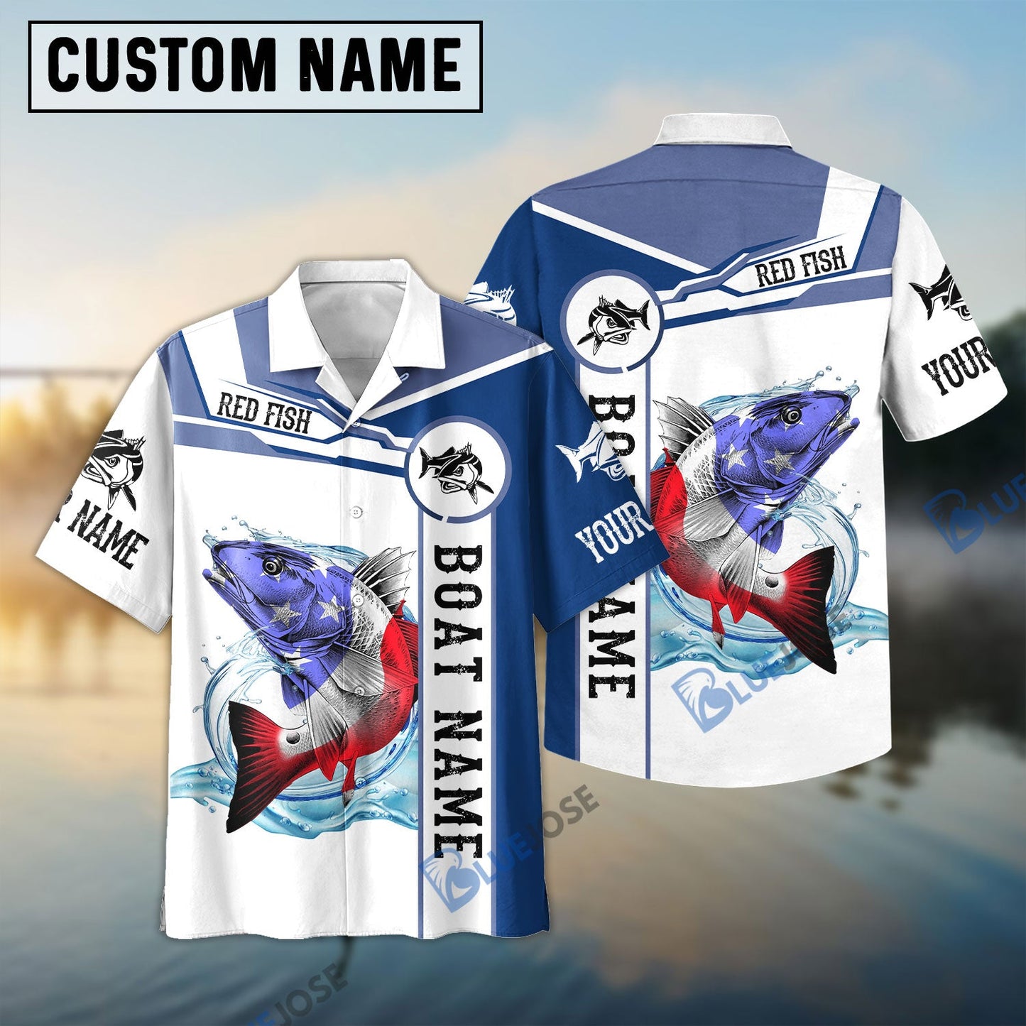 Frenzidea Redfish Fishing Blue Camo American Flag Custom Name & Boat Name 3D Shirt