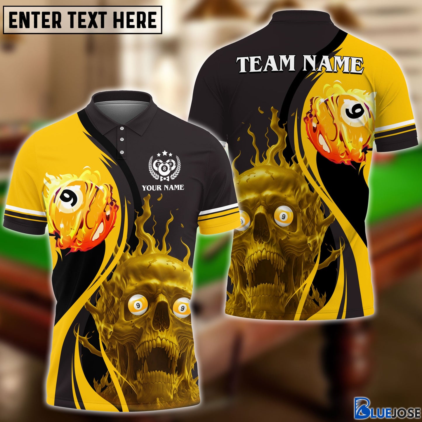 Frenzidea Billiards Skull Fire Personalized Name, Team Name Unisex Shirt