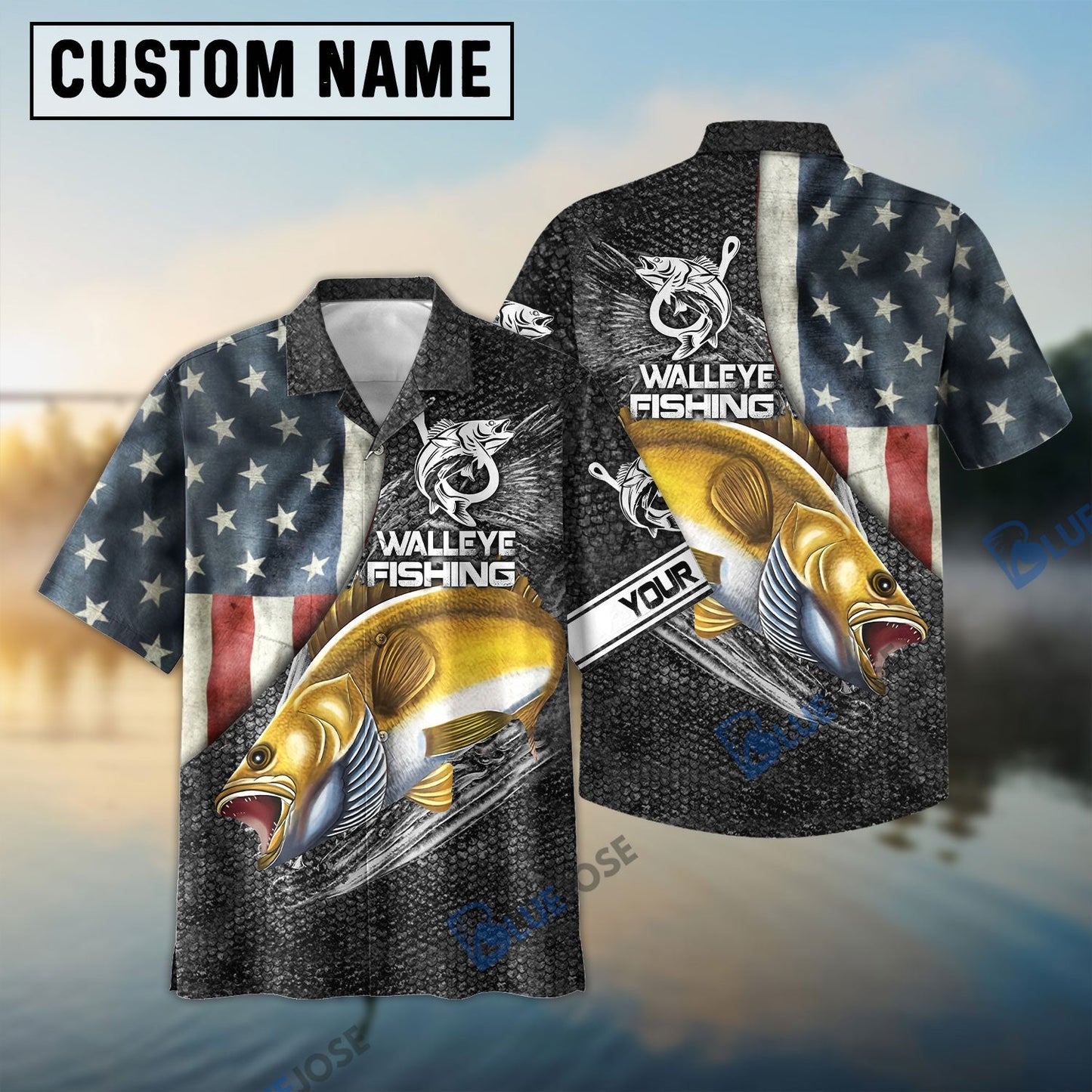 Frenzidea Walleye Fishing American Flag Patriotic Custome Name 3D Shirt