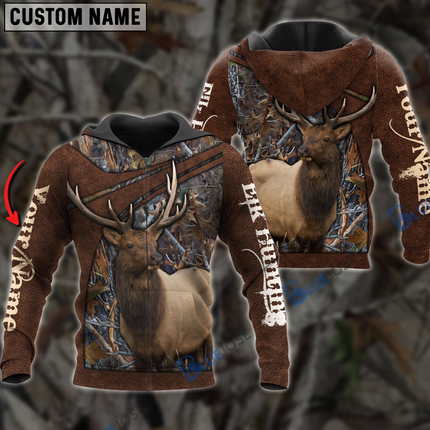 Frenzidea Personalized Name Elk Hunting Brown Leather Pattern 3D Shirts