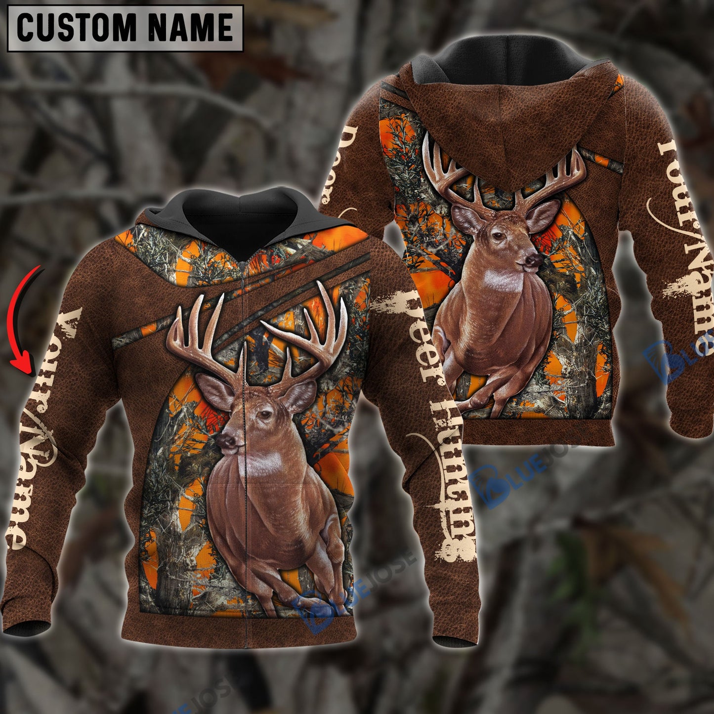 Frenzidea Personalized Name Deer Hunting Orange Leather Pattern 3D Shirts