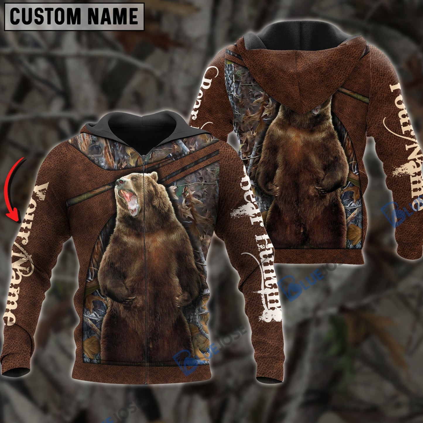 Frenzidea Personalized Name Bear Hunting Leather Pattern 3D Shirts