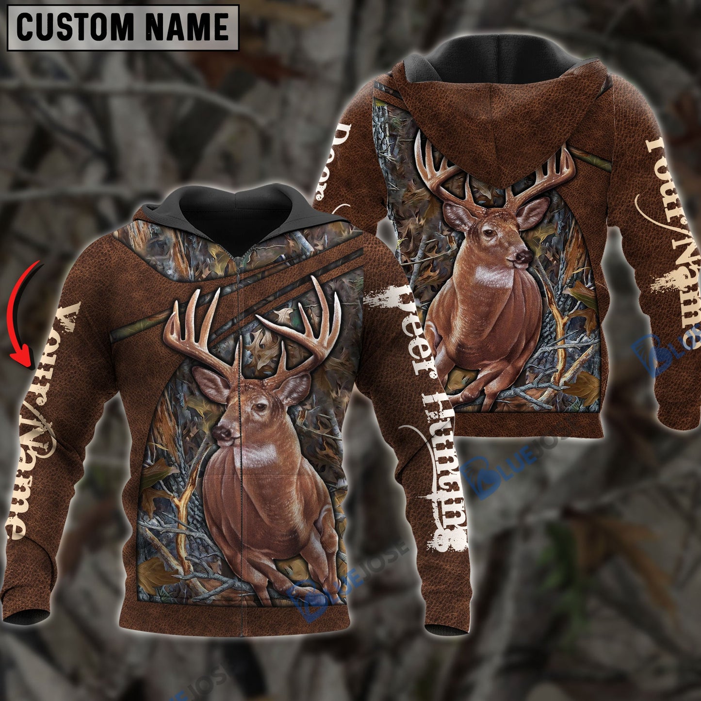 Frenzidea Personalized Name Deer Hunting Brown Leather Pattern 3D Shirts