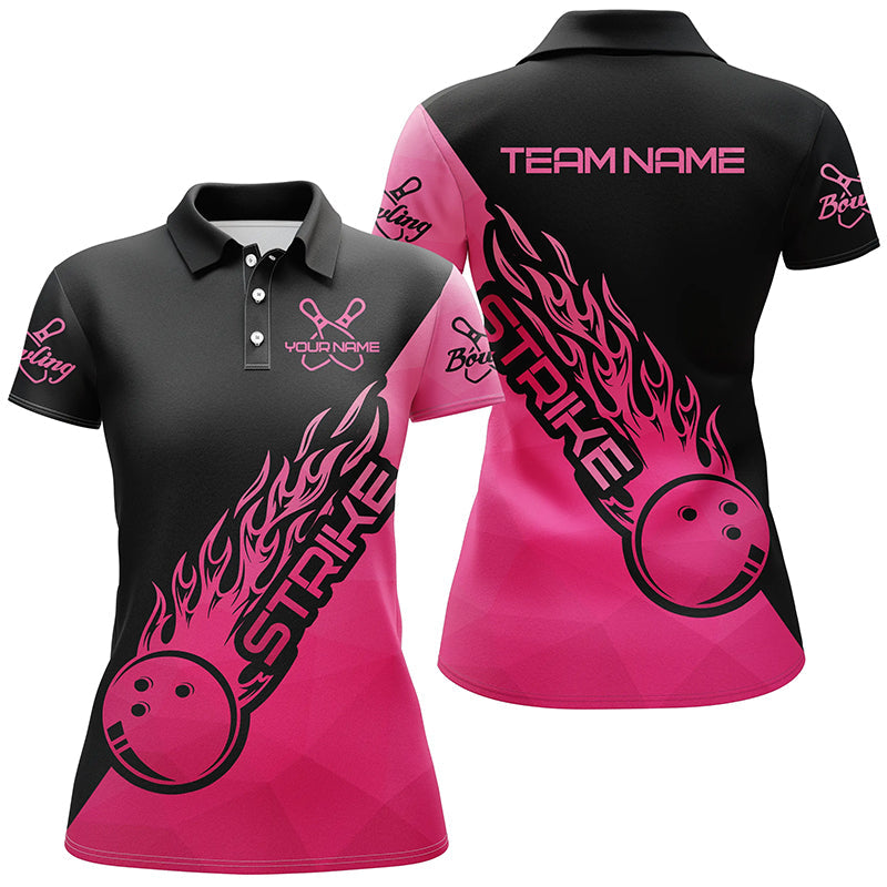 Frenzideas Black & Pink Bowling Strike Personalized All Over Printed Shirt For Women