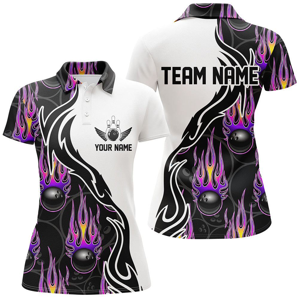 Frenzideas Purple Flame Bowling Ball Pattern Premium Customized Name 3D Shirt For Women