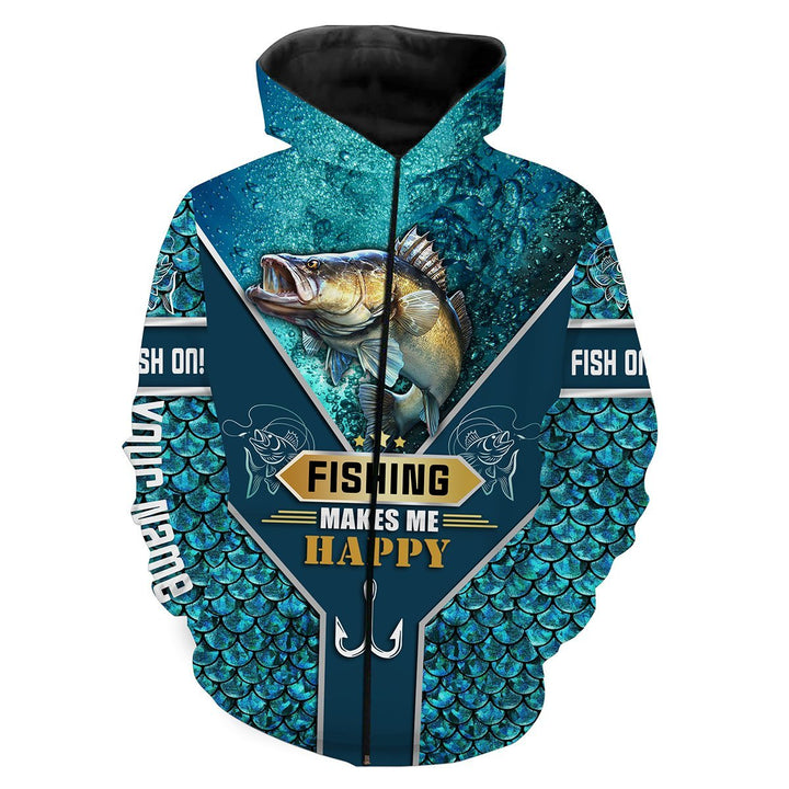 frenzidea Walleye Fishing Blue Scale Camo Fishing Makes Me Happy Customized Name 3D Hoodie