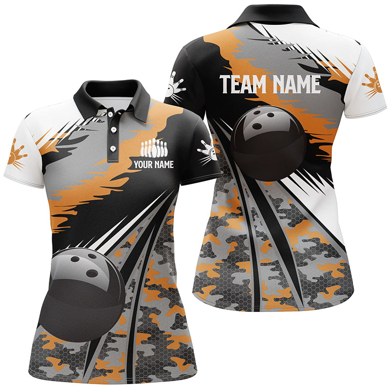 Frenzideas Black Ball Orange Camo Bowling Premium Customized Name 3D Shirt For Women
