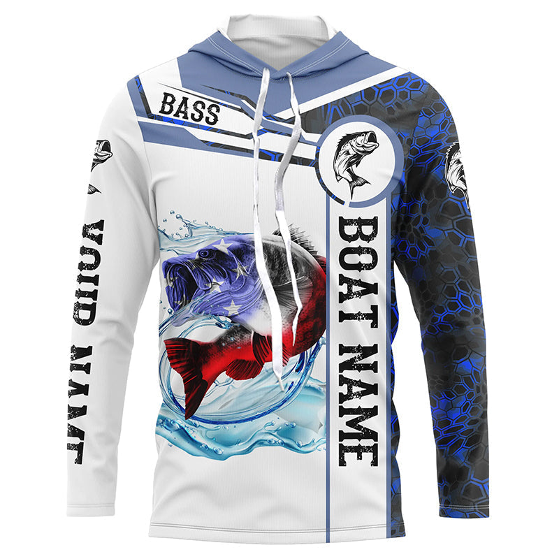 Frenzidea Bass Fishing Blue Camo American Flag Custom Name & Boat Name 3D Shirts