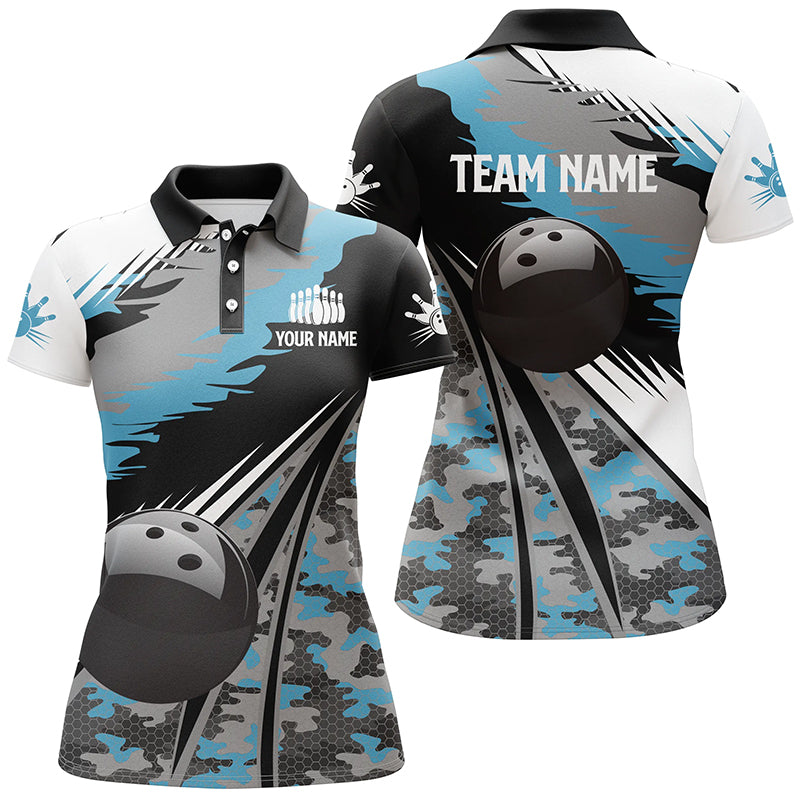 Frenzideas Black Ball Blue Camo Bowling Personalized All Over Printed Shirt For Women