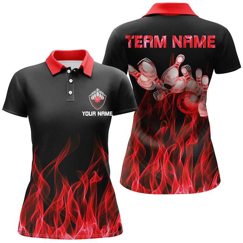 Frenzidea Red Flame Pattern Black Bowling Premium Customized Name 3D Shirt
