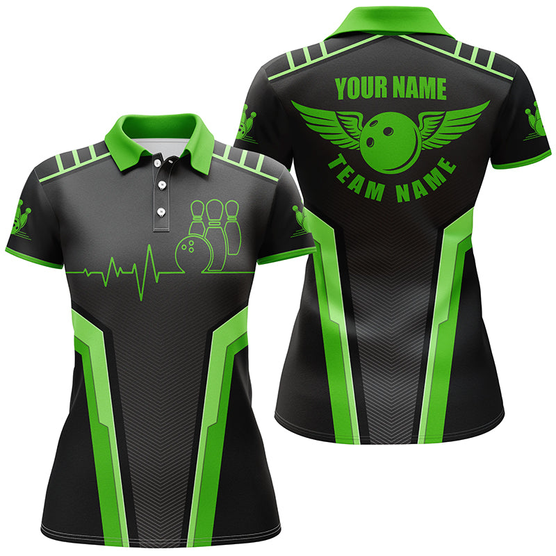 Frenzidea Black Green Bowling Heartbeat Premium Customized Name 3D Shirt For Women