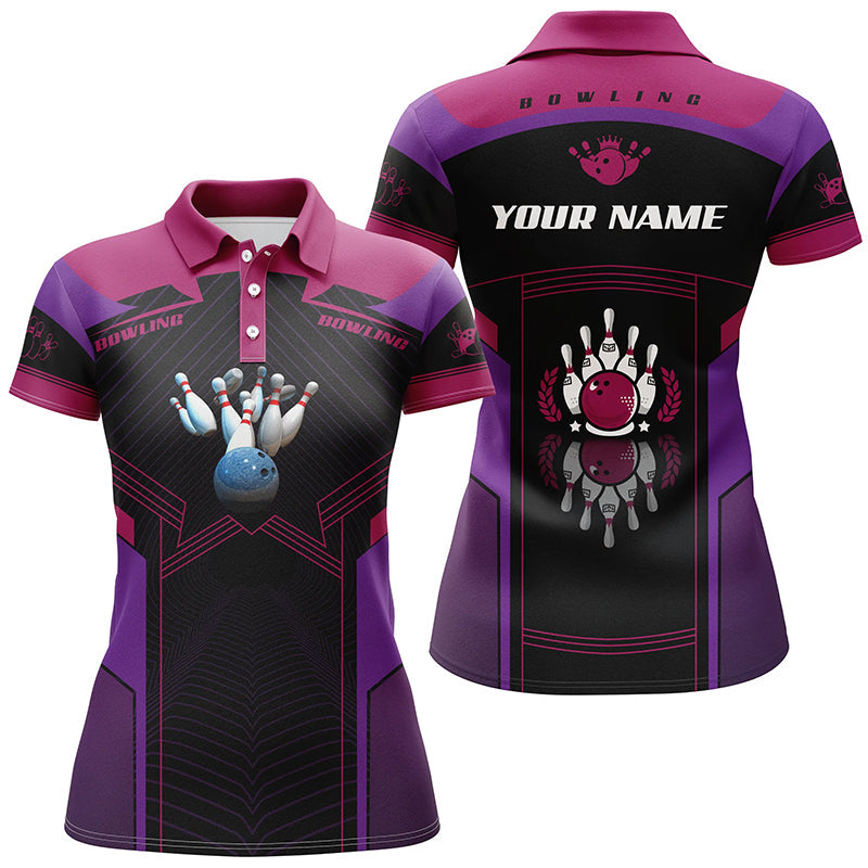 Frenzideas Purple Bowling Ball And Pins Customized Name All Over Printed Shirt For Women