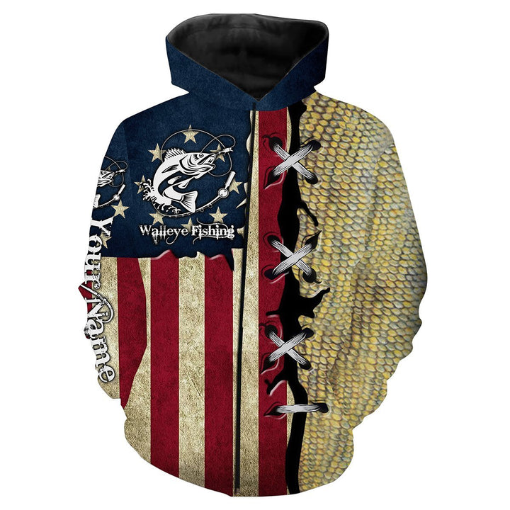 frenzidea Walleye Fishing American Flag Custome Name 3D Hoodie