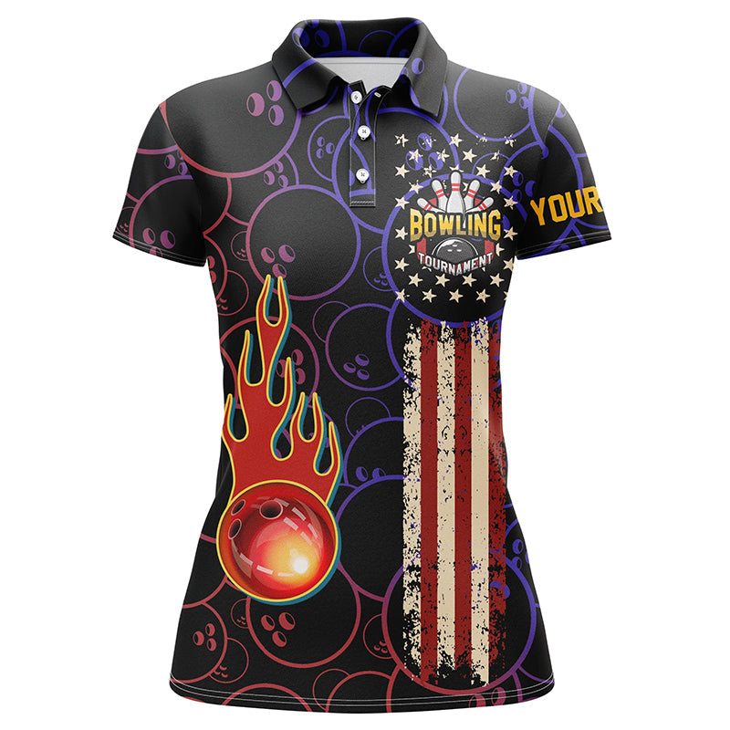 Frenzidea Patriotic Bowling Tournament American Flag Black Bowling Premium Customized Name 3D Shirt For Women