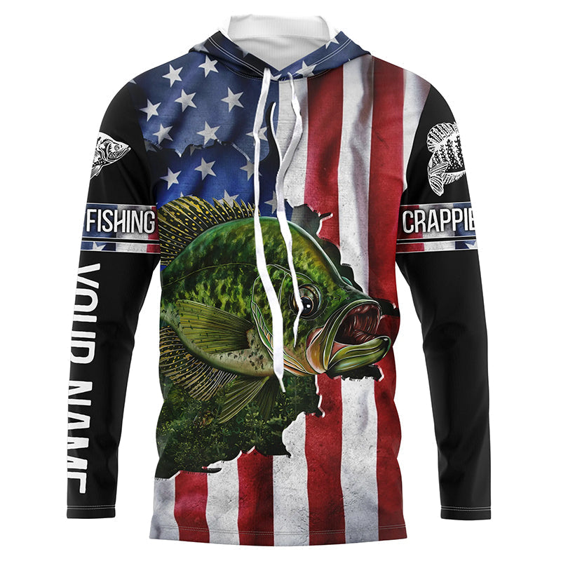 Frenzidea Crappie Fishing American Flag Patriotic Fourth Of July Personalized Crappie Long Sleeve Fishing Shirts