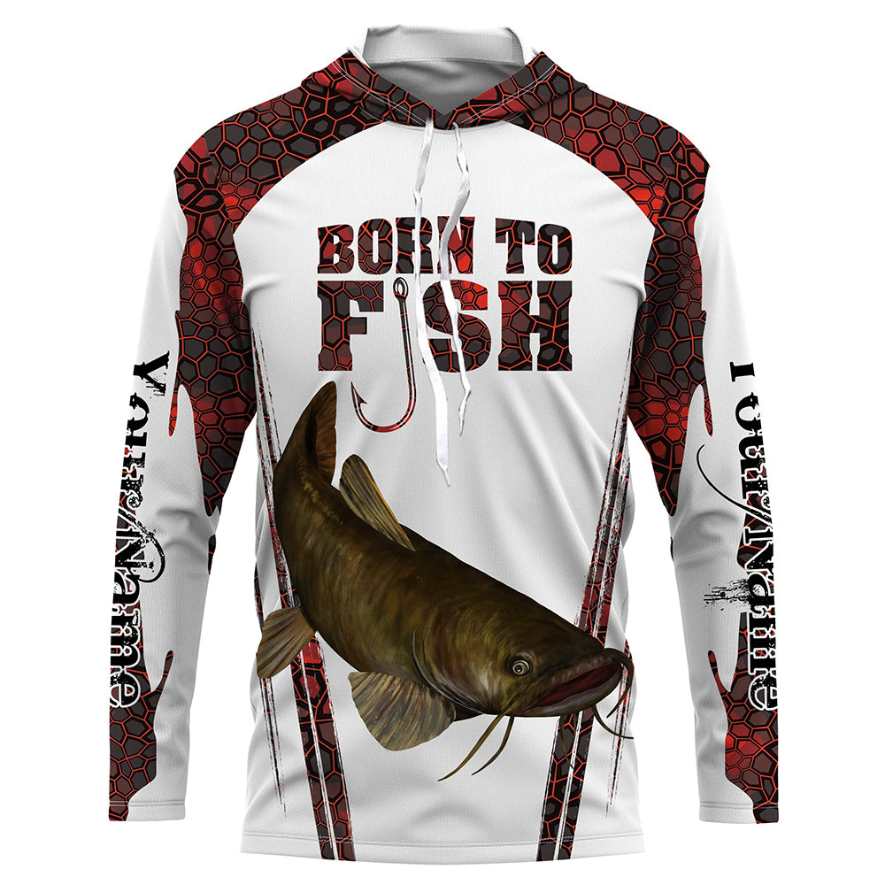 Frenzidea "Born To Fish" Catfish Fishing Red Camo Custom Name Long Sleeve Fishing Shirts