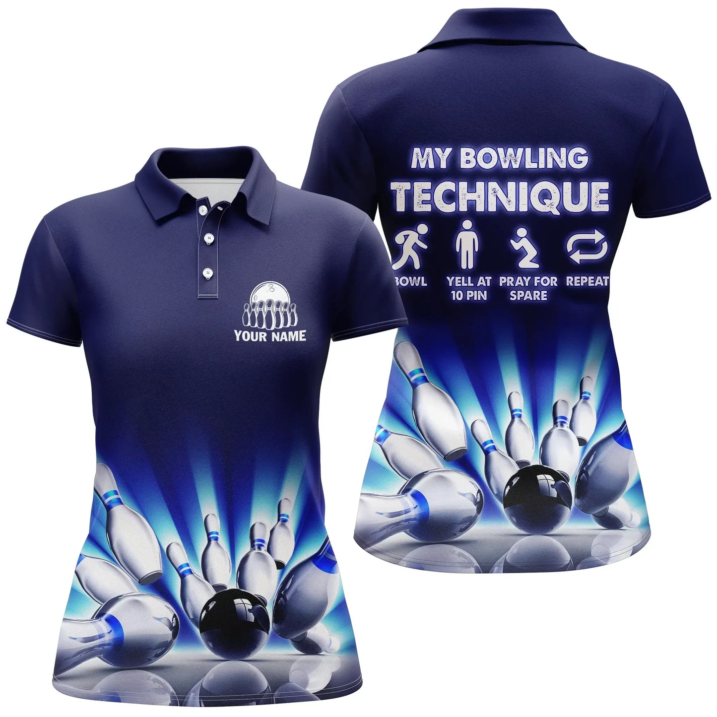 Frenzideas Bowling My Bowling Technique Customized Name All Over Printed Shirt For Women