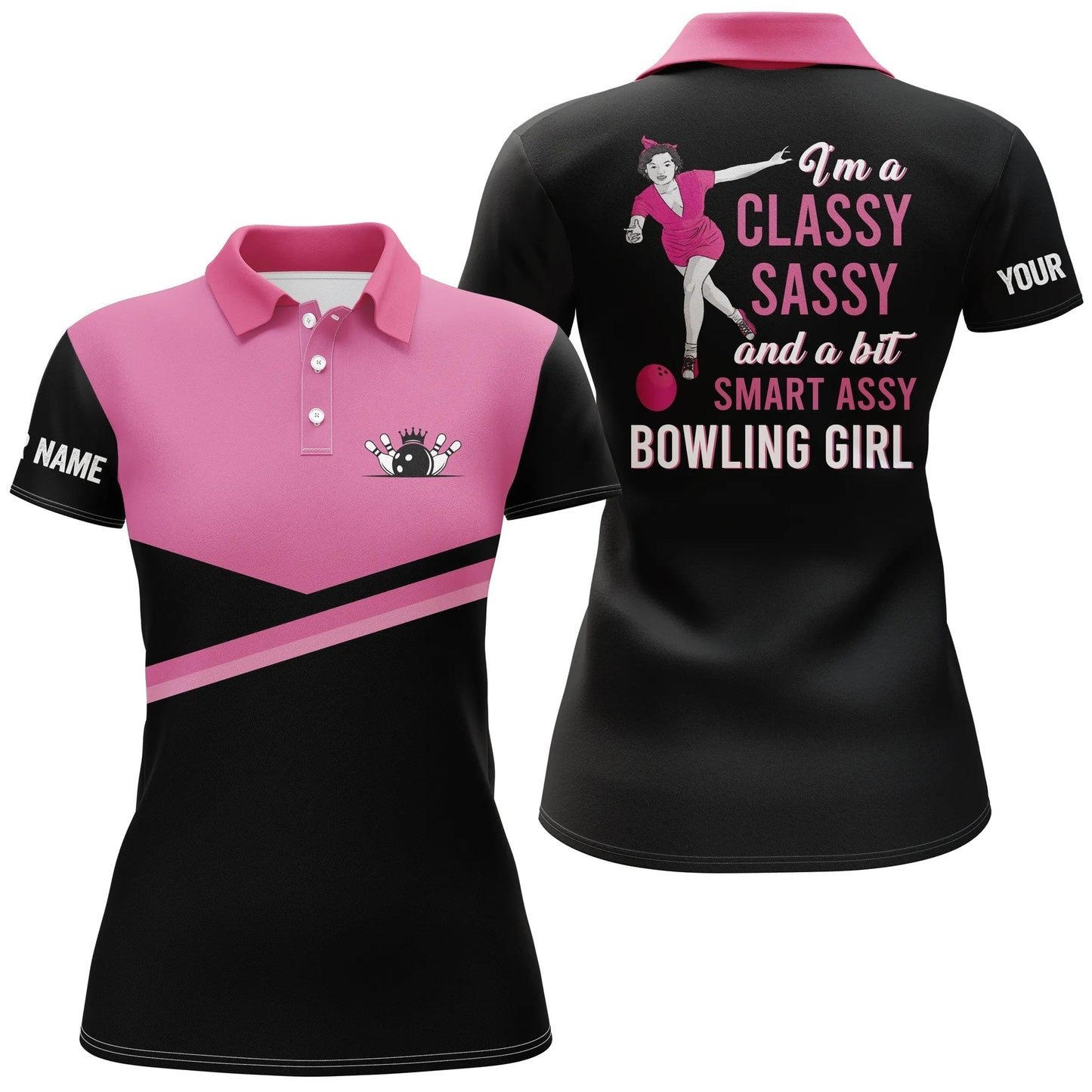 Frenzideas Black Pink I'm a classy sassy and a bit smart assy bowling girl Customized Name All Over Printed Shirt For Women
