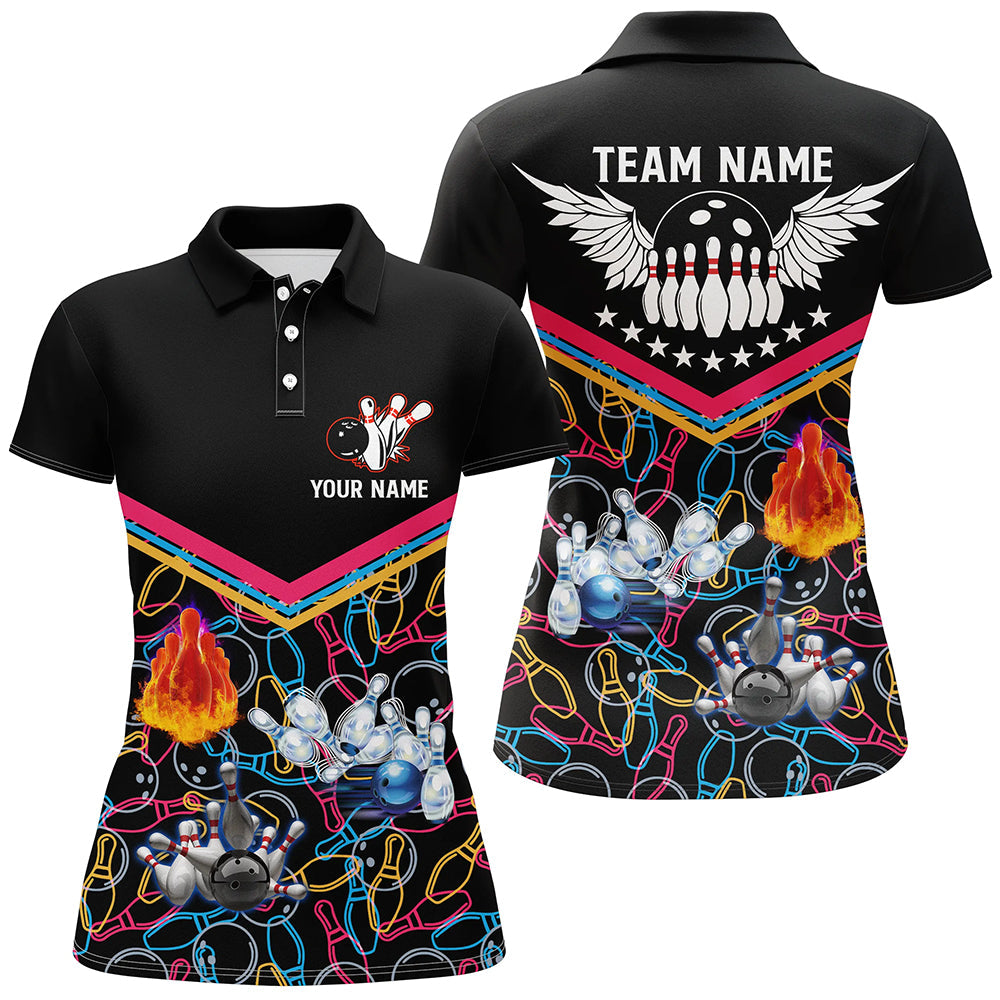 Frenzideas Multicolor Pattern Black Bowling Customized Name All Over Printed Shirt For Women
