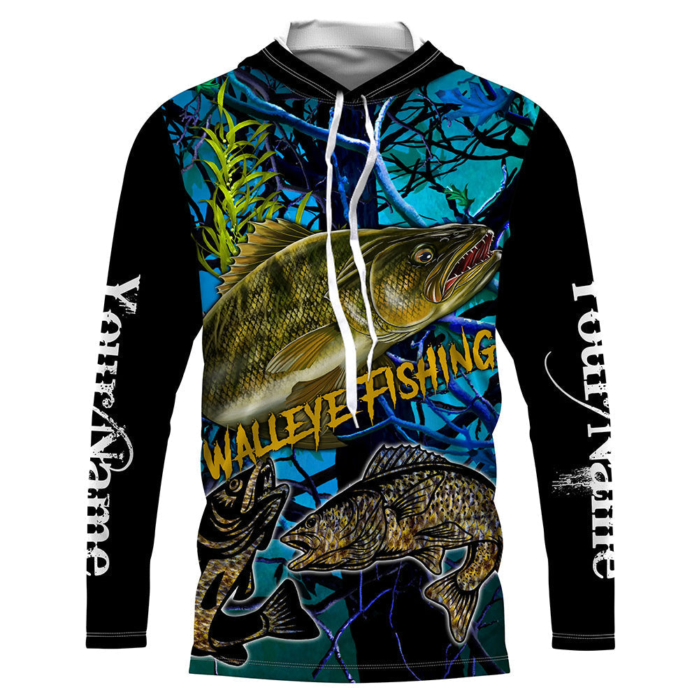 Frenzidea Blue Camo Walleye Fishing Custom Long Sleeve Fishing Shirts
