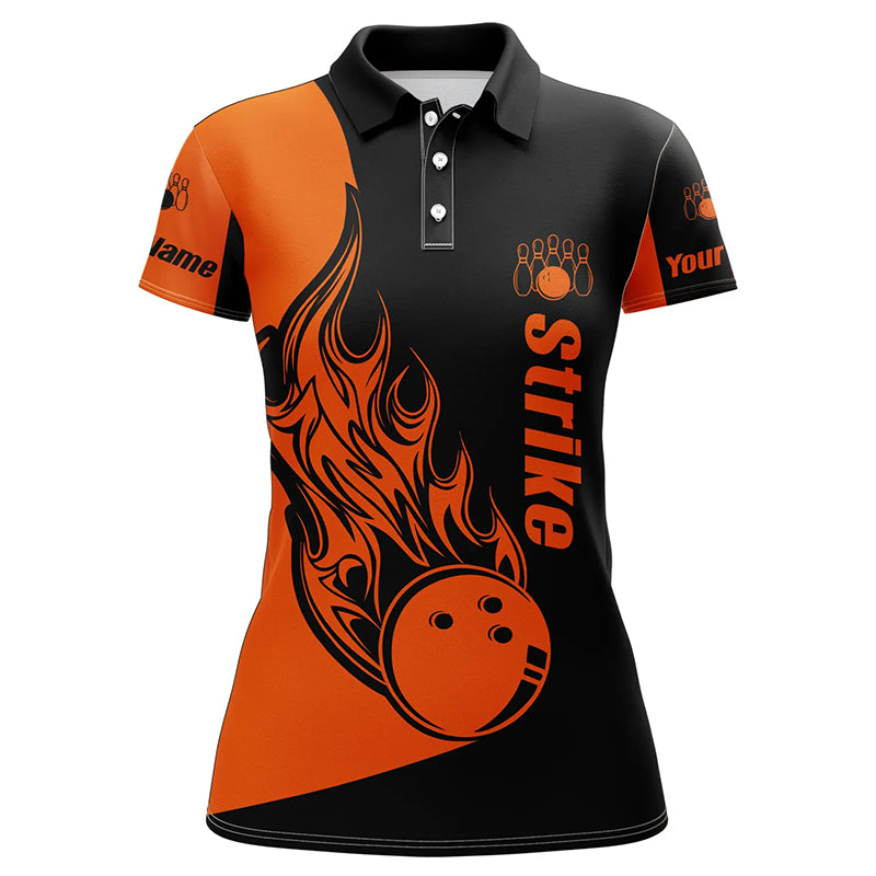 Frenzidea Black and Orange Bowling Strike Premium Customized Name 3D Shirt For Women