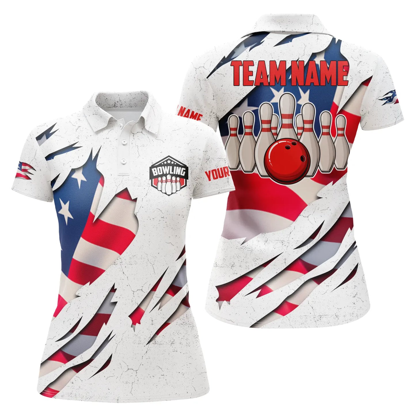 Frenzideas American Flag Patriotic Bowling Ball & Pins White Personalized All Over Printed Shirt For Women