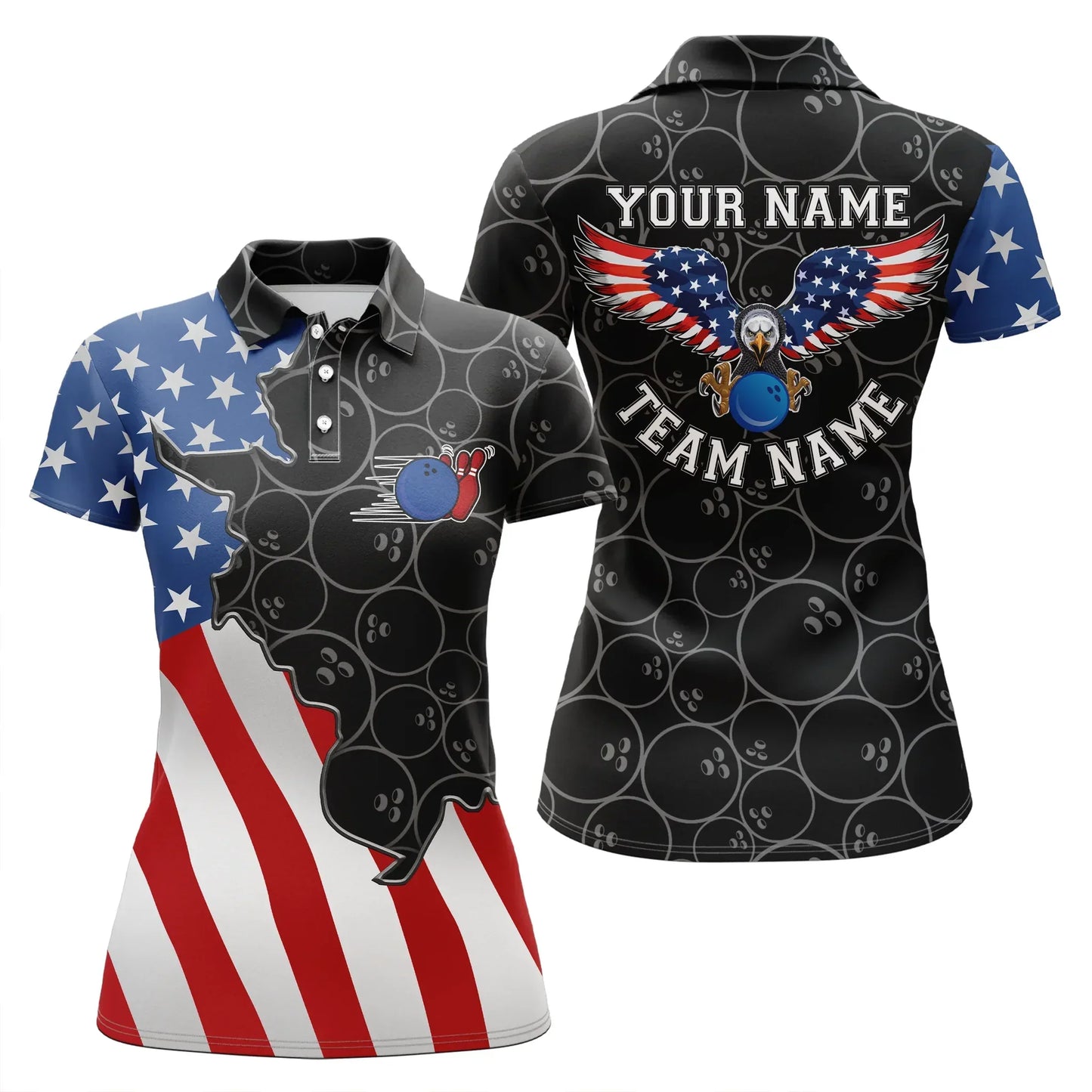 Frenzideas American Flag Patriotic Retro Bowling Personalized All Over Printed Shirt For Women