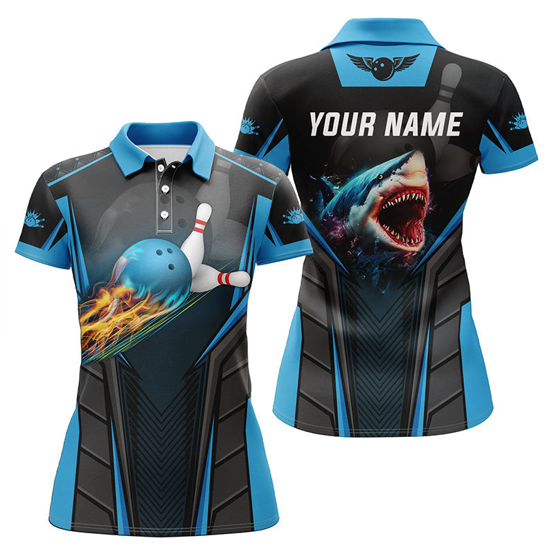 Frenzideas Cyan Bowling Fire Shark Customized Name All Over Printed Shirt For Women