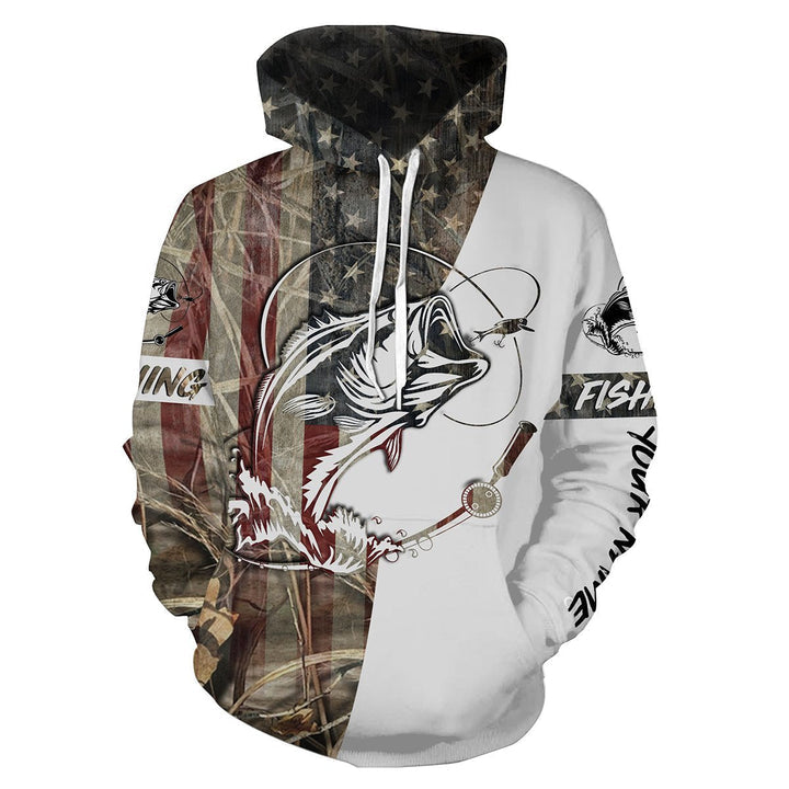 frenzidea Bass Fishing American Usa Flag Camo Custom Name 3D Hoodie