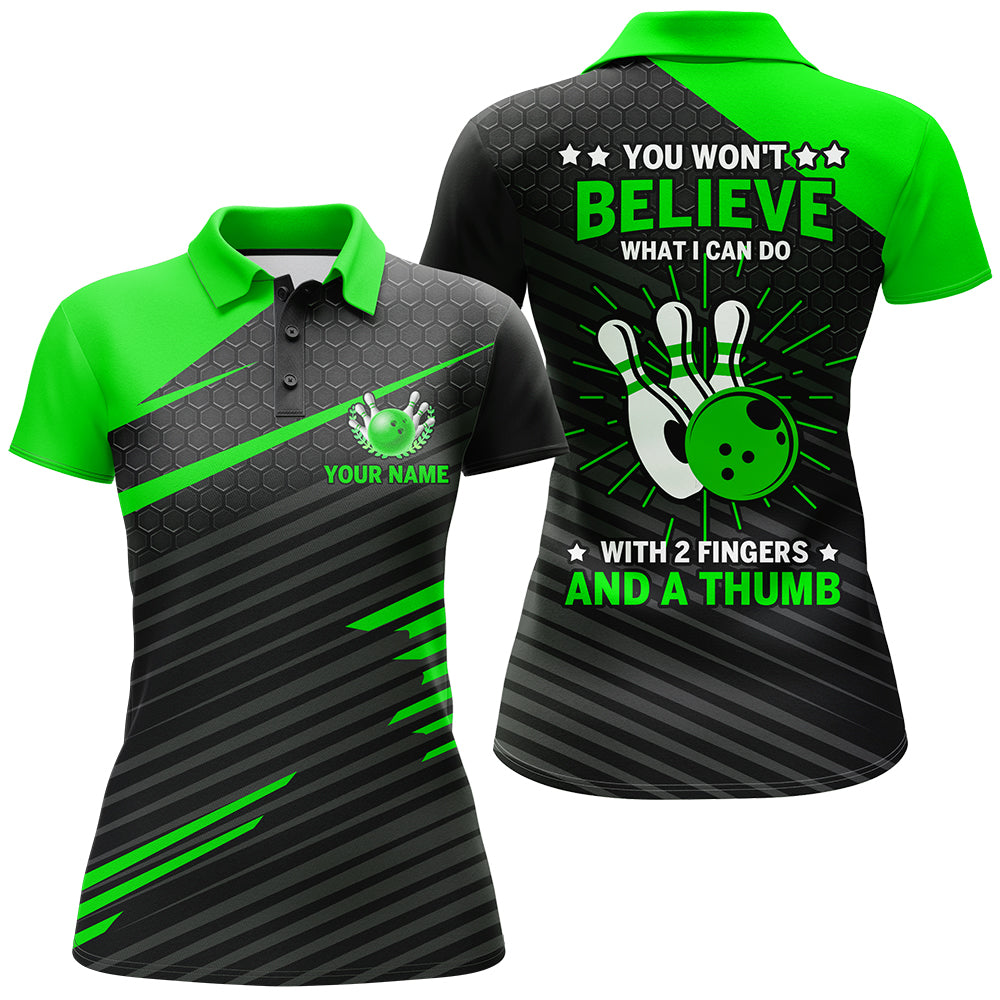 Frenzidea Ladies Green & Black Bowling With 2 Fingers and A Thumb Premium Customized Name 3D Shirt For Women