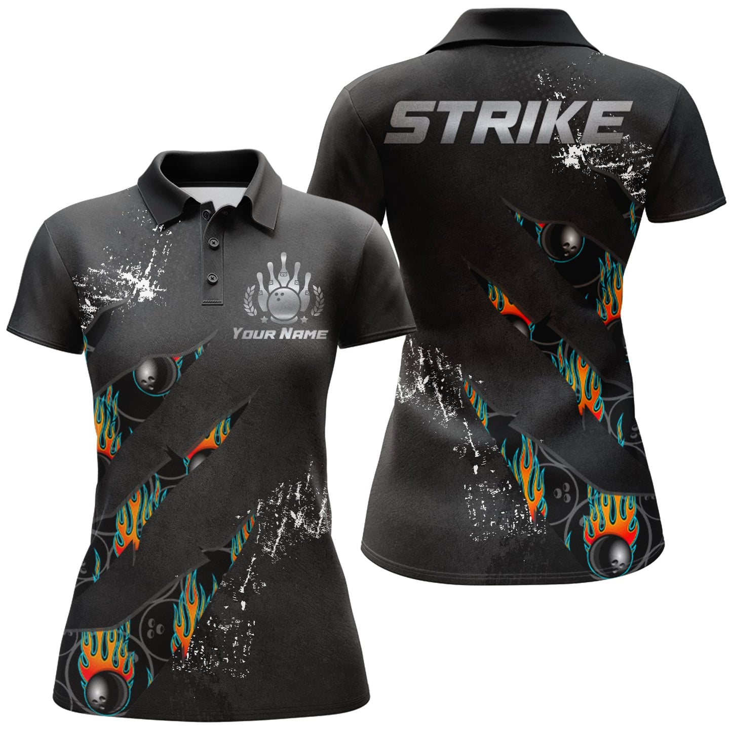 Frenzideas Black Bowling Strike Personalized All Over Printed Shirt For Women