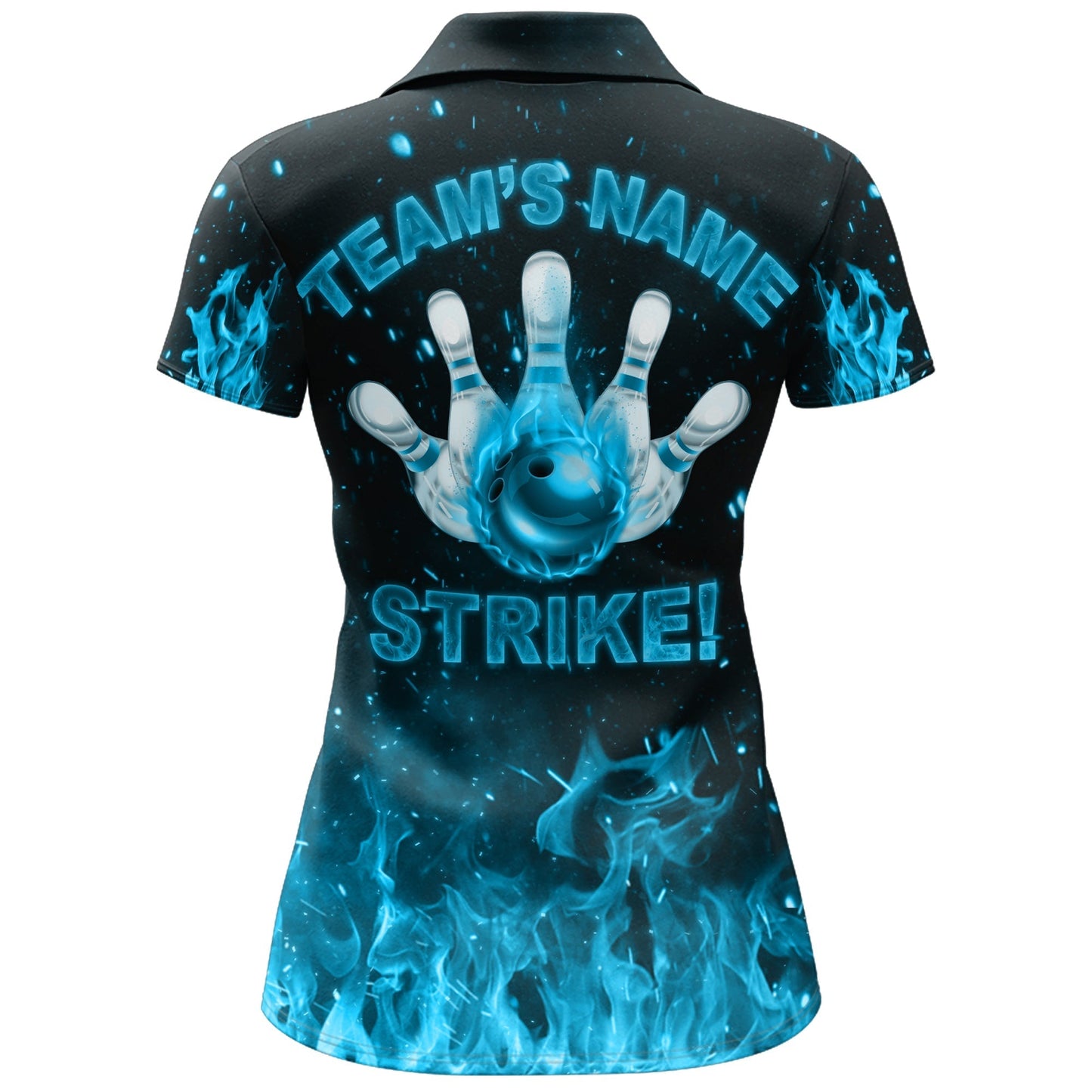Frenzideas Strike Bowling Cyan Flames Personalized All Over Printed Shirt For Women