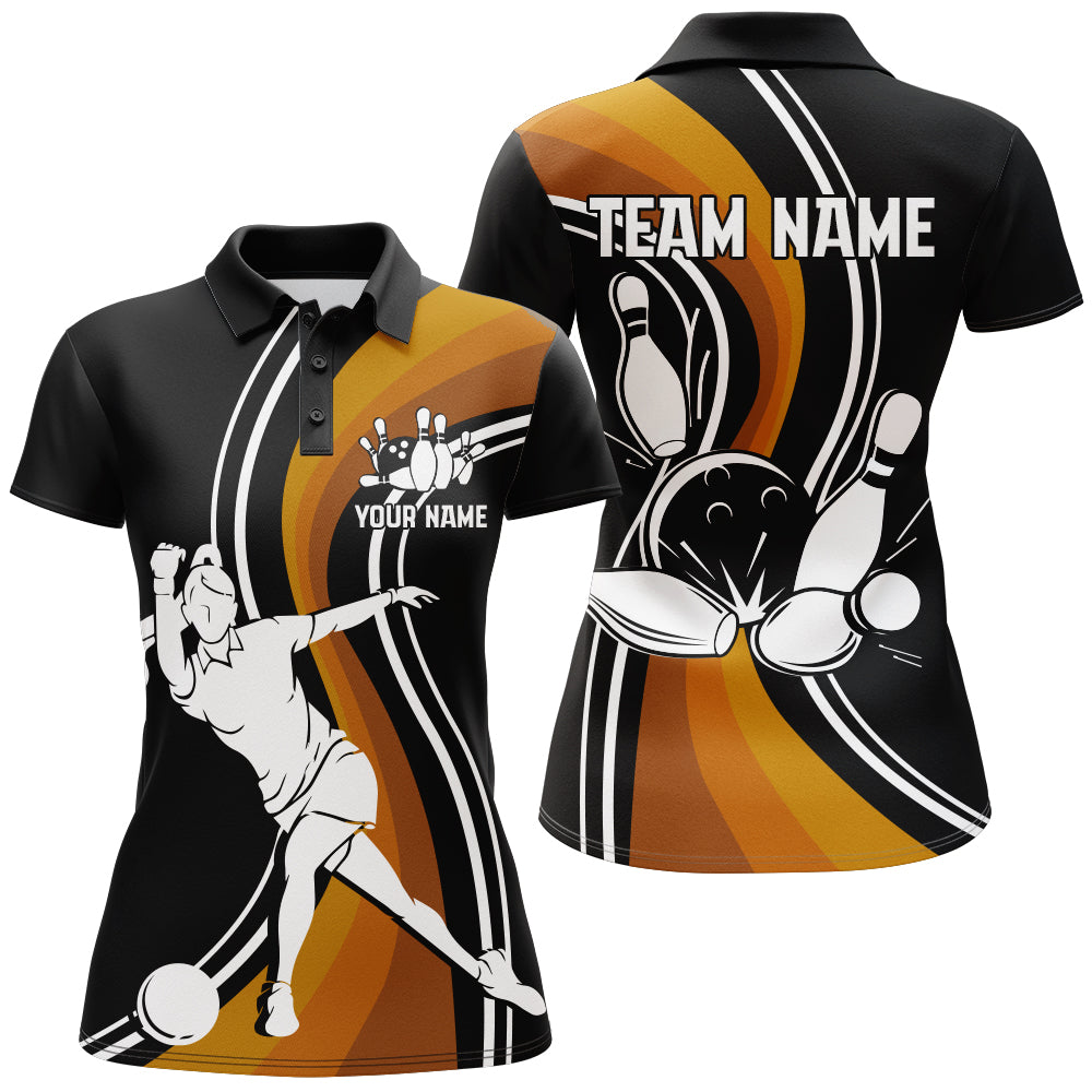 Frenzideas Black & Orange Bowling Personalized All Over Printed Shirt For Women
