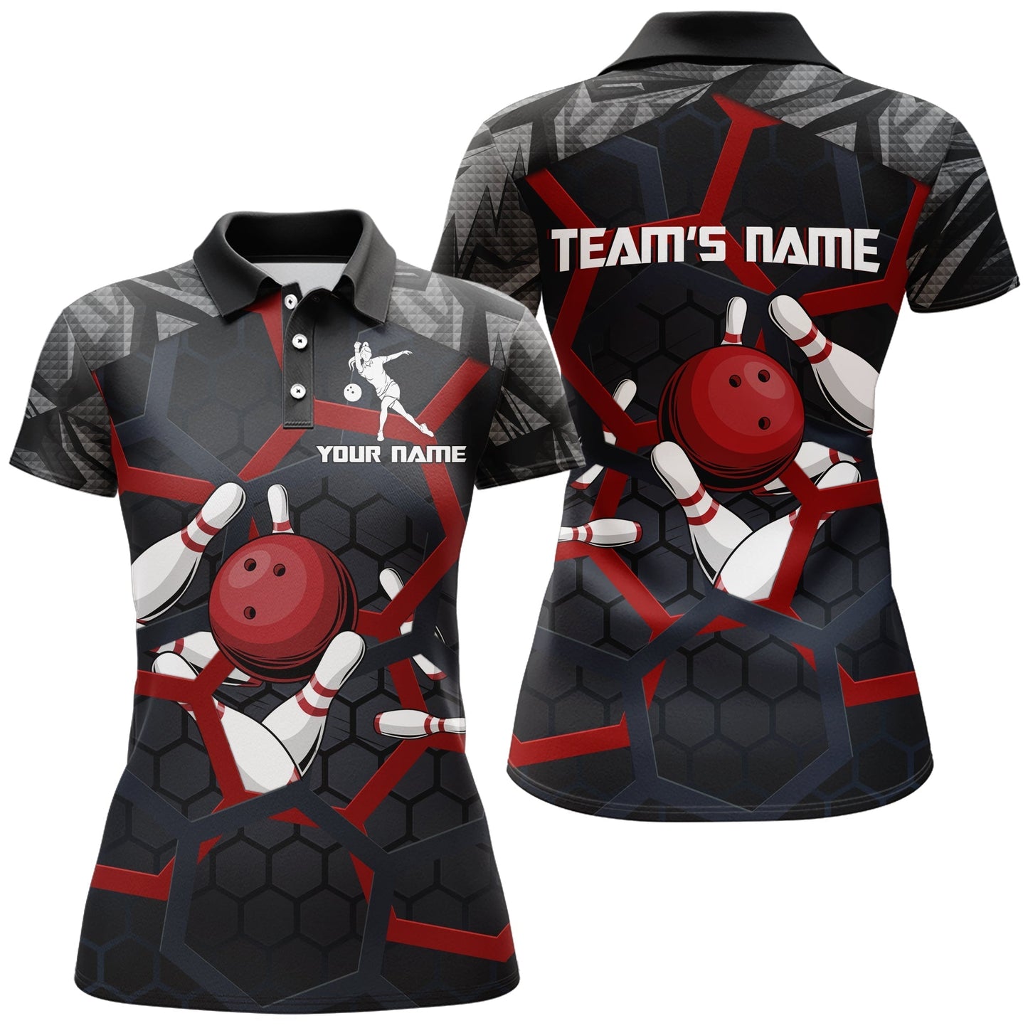 Frenzidea Red Camo Bowling Hexagon Pattern Premium Customized Name 3D Shirt For Women
