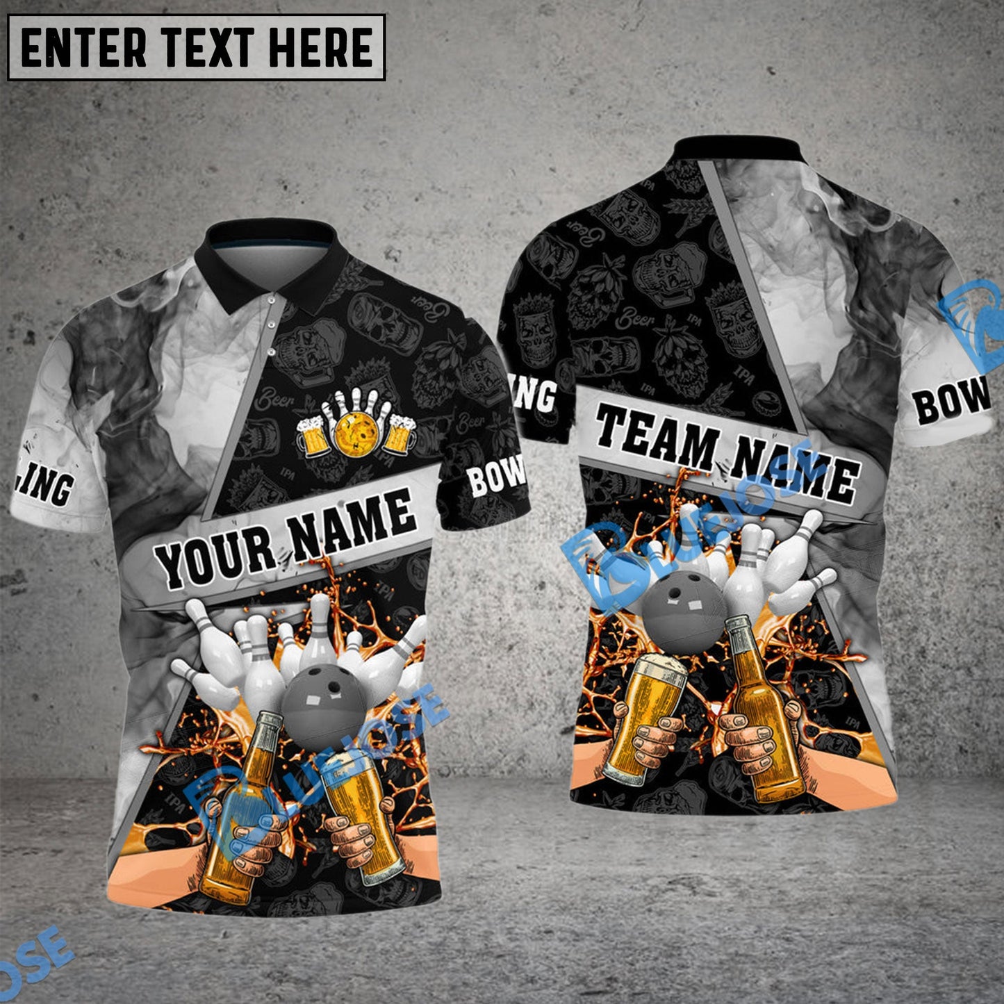 Frenzidea Bowling And Pins Beer Flame Grey Smoke Customized Name 3D Shirt (4 Colors)