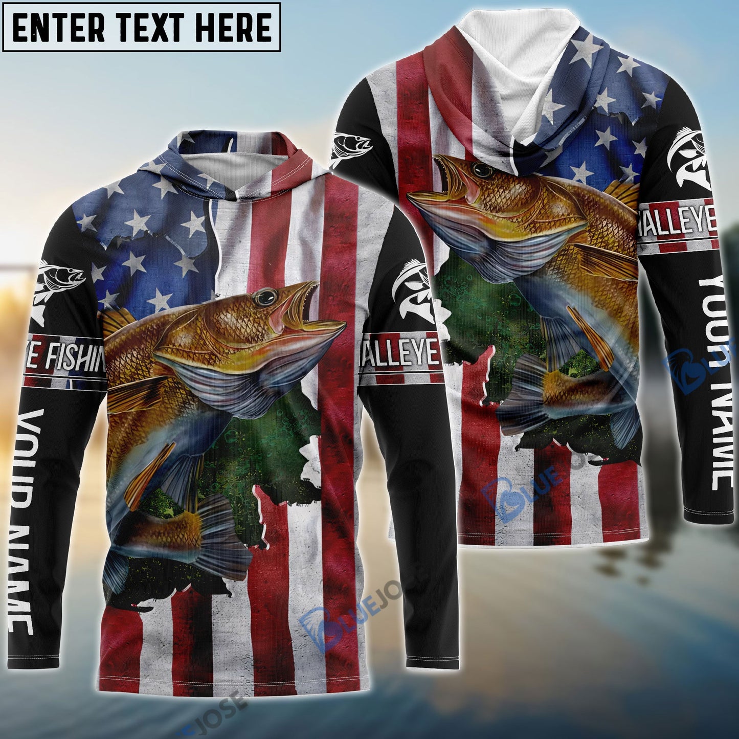 Frenzidea Walleye Fishing American Flag Patriotic Fourth Of July Personalized Walleye Long Sleeve Fishing Shirts