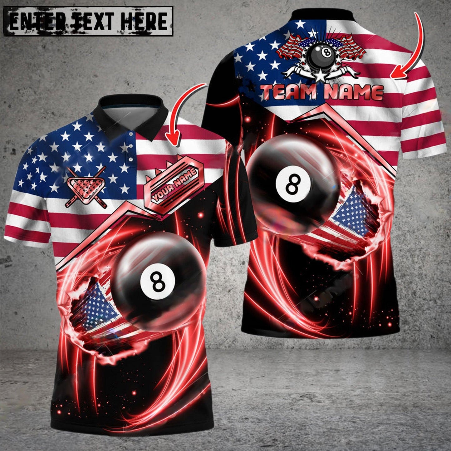 Frenzidea Billiards Ball 8 US Flag Flame Personalized Name, Team Name Unisex Shirt ( 6 Colors )