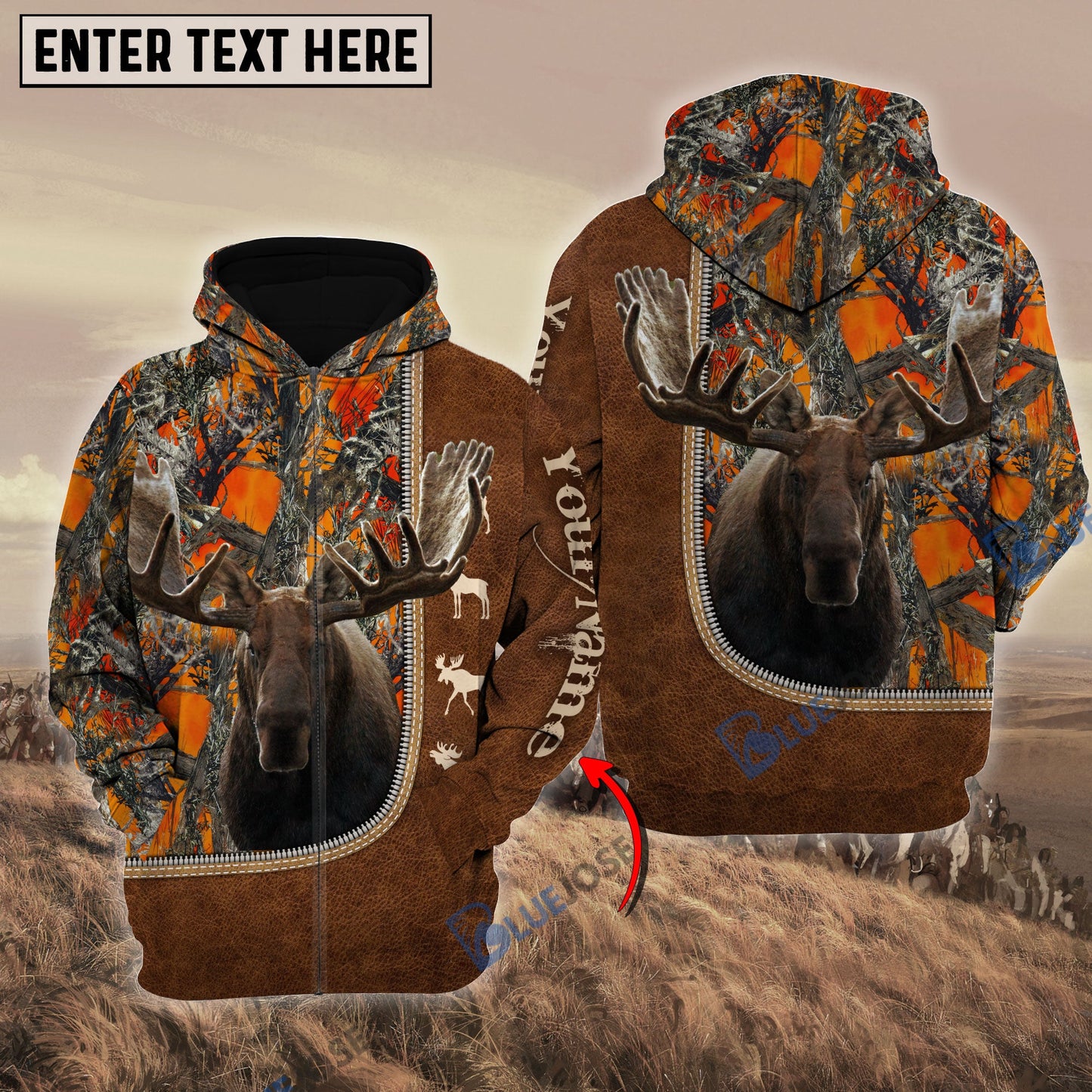 Frenzidea Personalized Name Moose Happiness Hunting Orange Pattern 3D Hoodie