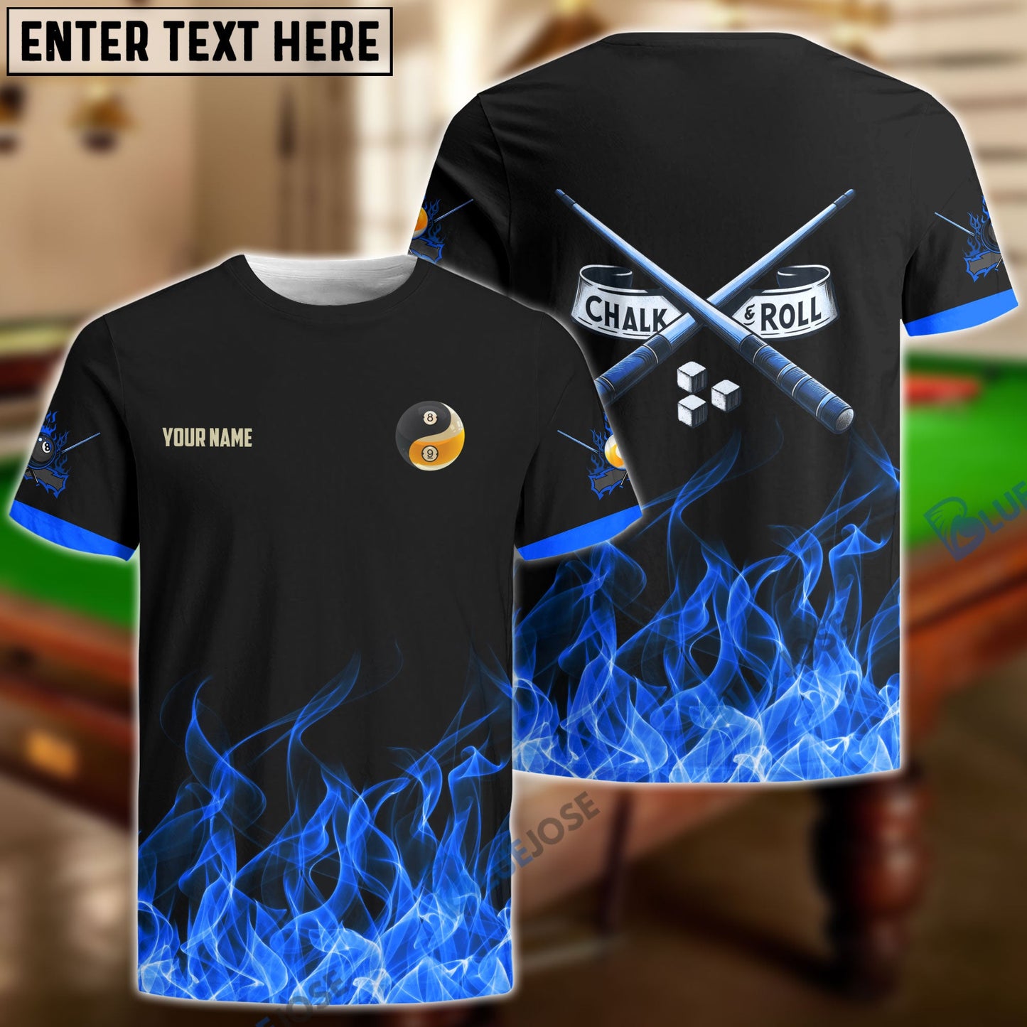 Frenzidea Billiards 8-Ball & 9-Ball Fire Pattern Blue Shirt