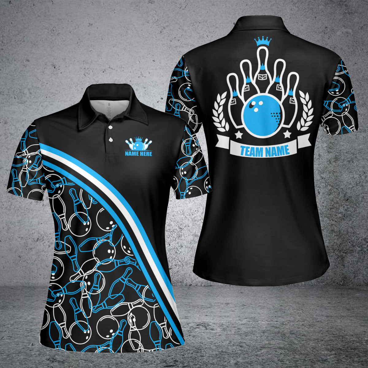 Frenzideas Black Blue Bowling Pattern Personalized All Over Printed Shirt For Women